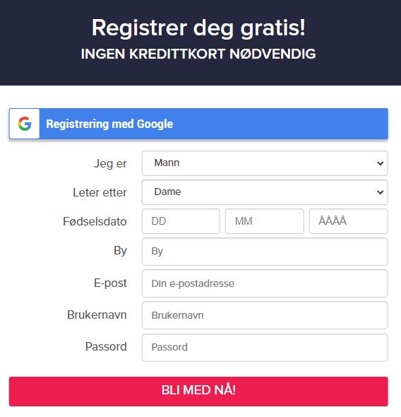 Registrer deg enkelt på Eksotiskflirt! Fyll ut et middels langt skjema med 10 felt eller bruk Google-kontoen din for raskere tilgang.